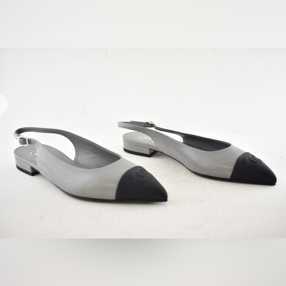 Chanel 24A Gray Leather Black CC Logo Coco Slingback Pointed Toe Ballet Flat 36c - Picture 4 of 16